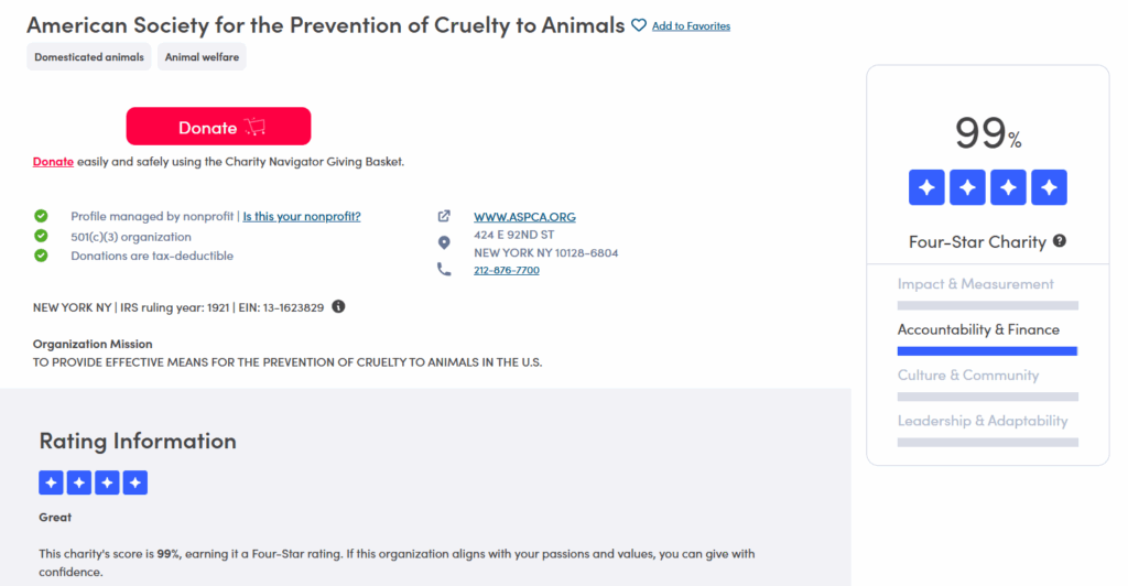 ASPCA Charity Navigator page 