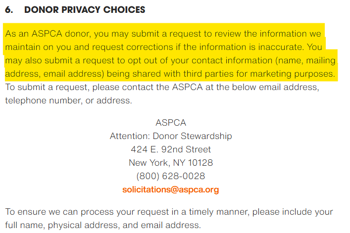 ASPCA privacy policy 'Donor privacy choices' section 