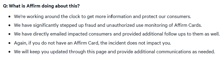 Affirm Q&A about a data breach it experienced, including the question "What is Affirm doing about this?" (and answer)