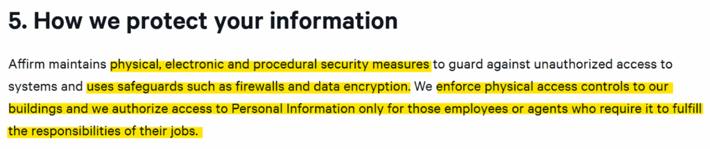 Affirm privacy policy 'How we protect your information' section
