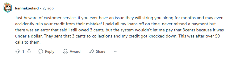 Negative Reddit post about Affirm's customer service