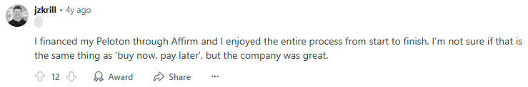 Positive Reddit post about Affirm