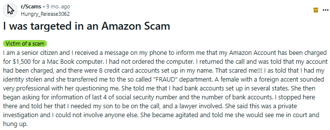 Reddit post about an Amazon scam the user experienced 