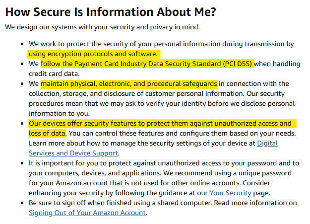 Amazon privacy policy 'How Secure Is Information About Me?'