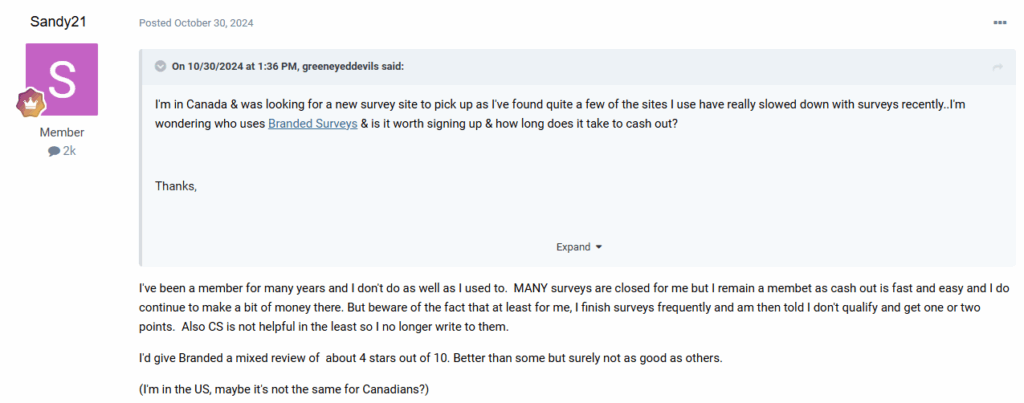 Online forum user review of Branded Survey 