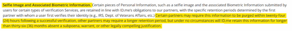 ID.me information about selfie image and associated biometric information retention