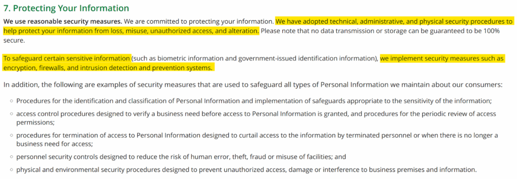 ID.me privacy policy '7. Protecting Your Information' section