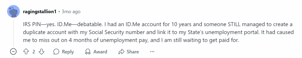 Reddit post about a scammer being able to create a duplicate account with their SSN even though they had ID.me