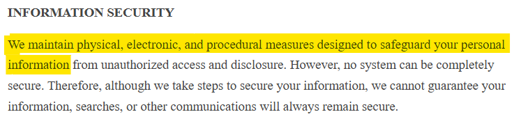 Lending Tree privacy policy 'Information Security' section