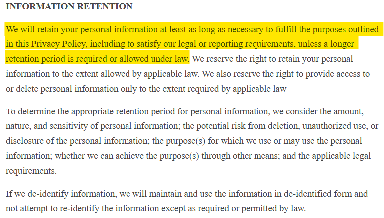 LendingTree privacy policy 'Information retention