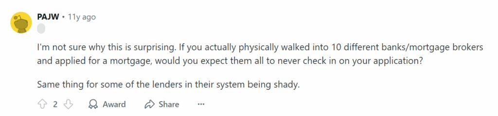 Reddit post about Lending Tree and how it's similar to applying to many banks at once