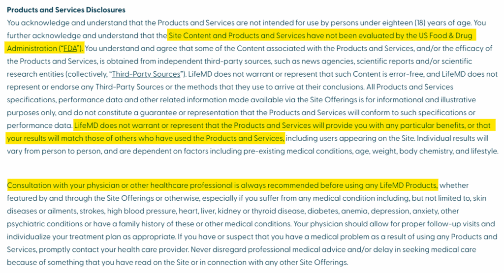 LifeMD terms of service 'Products and Services Disclosures' section 