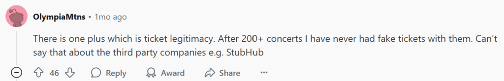 Positive Reddit post about Ticketmaster