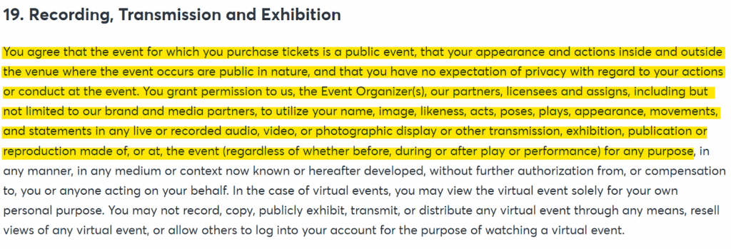 Ticketmaster purchase policy 'Recording, Transmission and Exhibition' section 