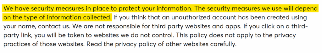 Ticketmaster privacy policy section on security