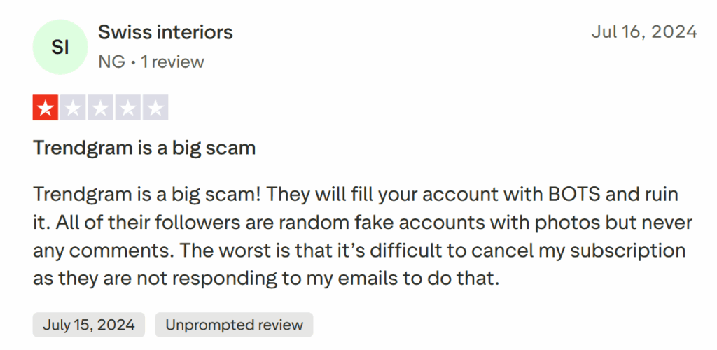 Negative Trustpilot review saying Trendgram is a scam