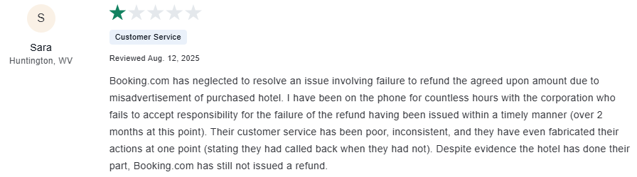 Negative review of Booking.com on ConsumerAffairs (1 out of 5 stars)