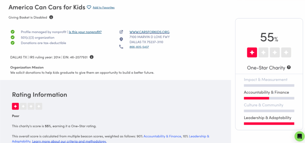 Charity Navigator profile for America Can Cars for Kids