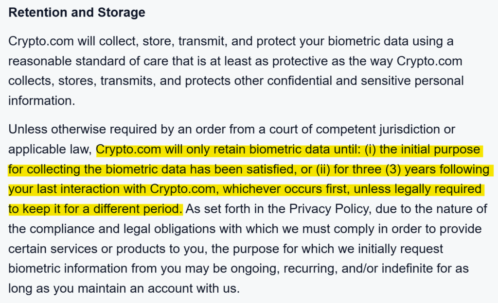 Crypto.com privacy policy 'Retention and Storage' (of biometric information) section 