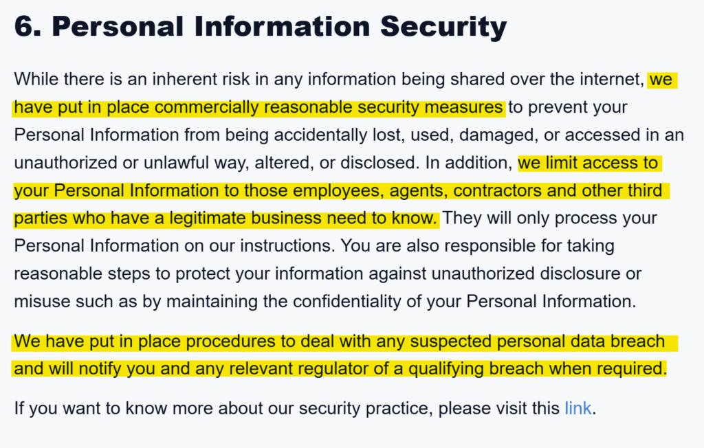 Crypto.com privacy policy 'Personal Information Security' section 
