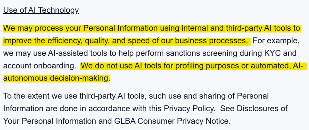 Crypto.com privacy policy 'Use of AI Technology' section 