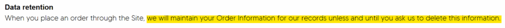 Evry Jewels privacy policy 'Data retention' section