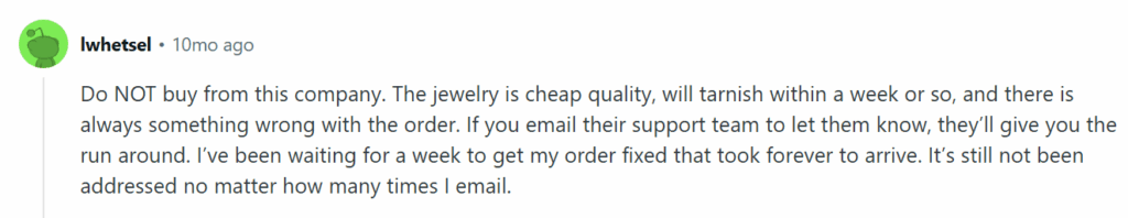 Negative Reddit post about Evry Jewels