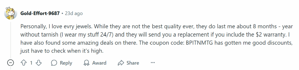 Positive Reddit post about Evry Jewels