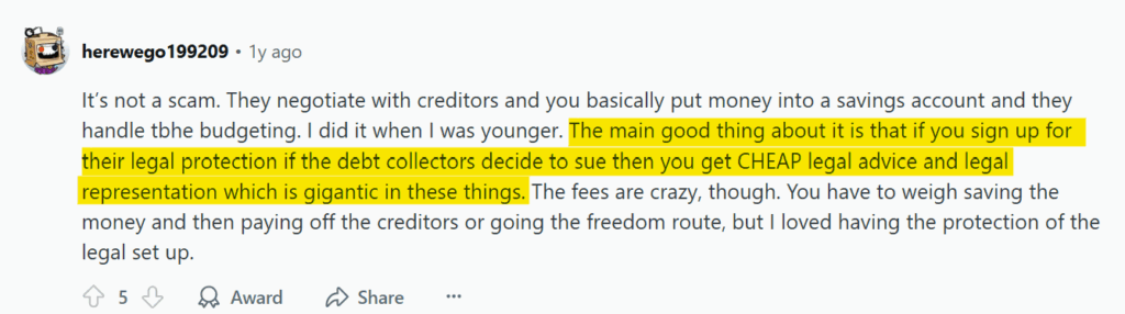 Positive Reddit post about Freedom Debt Relief, particularly its legal help (while noting that the fees are "crazy")
