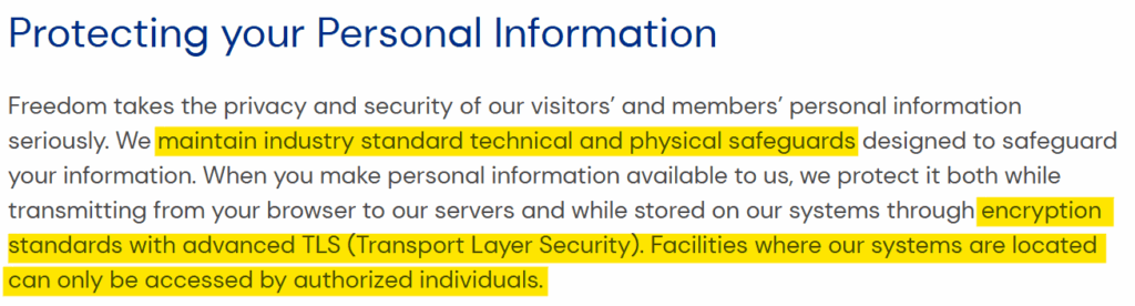 Freedom Debt Relief privacy policy 'Protecting your Personal Information' section