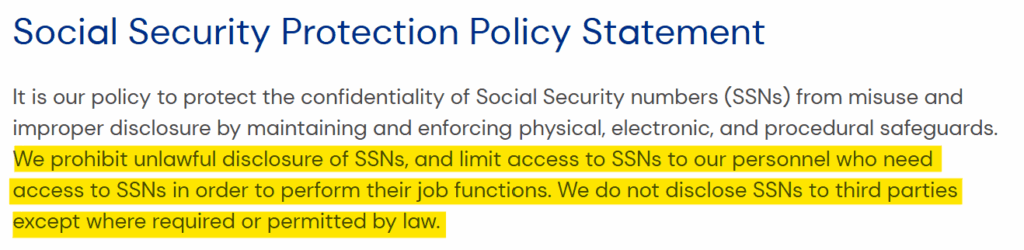 Freedom Debt Relief privacy policy 'Social Security Protection Policy Statement' section