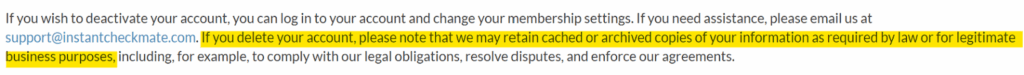 Instant Checkmate privacy policy section with information on how to deactivate or delete your account