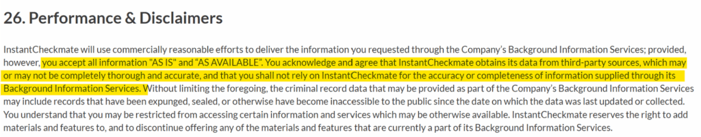 Instant Checkmate terms of service '26. Performance & Disclaimers' section 