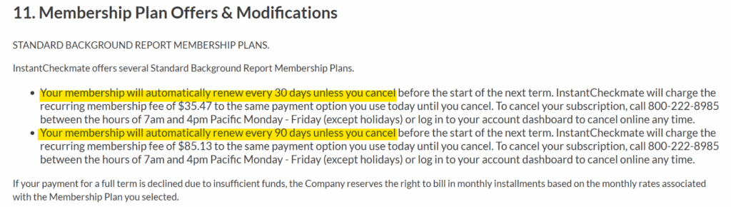 Instant Checkmate terms of service '11. Membership Plan Offers & Modifications' section 