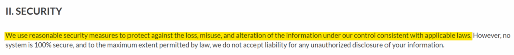 Instant Checkmate privacy policy 'II. Security' section 