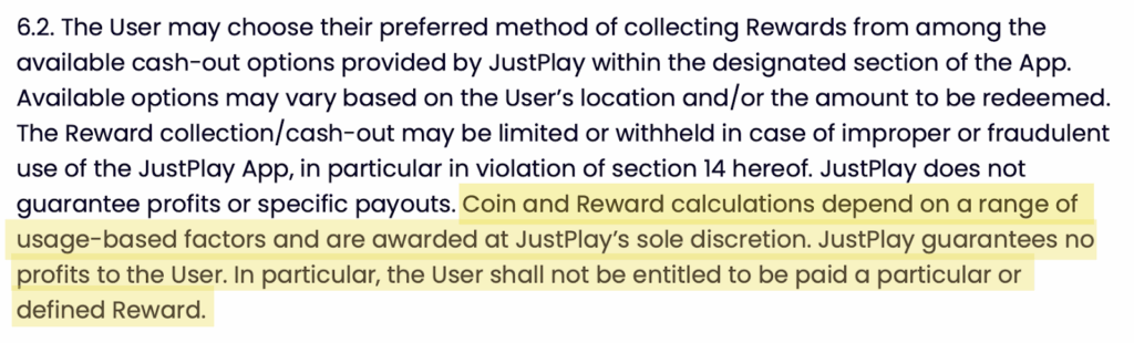 JustPlay terms of service section 6.2 describing its coins-to-earnings conversion system