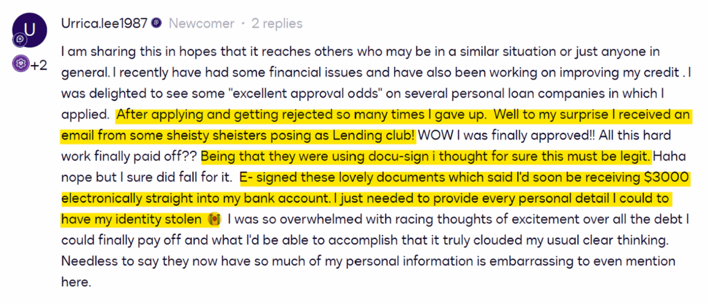 An example of a common Lending Club scam
