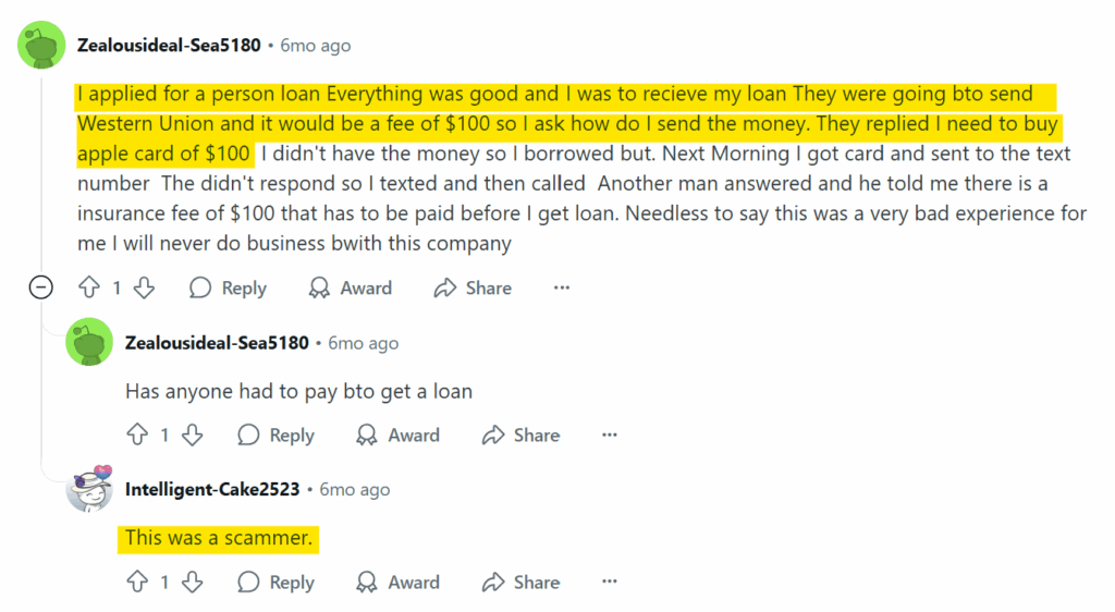 An example of a Lending Club scam according to a Reddit user
