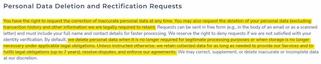 Pocket Option privacy policy 'Personal Data Deletion and Rectification Requests' section