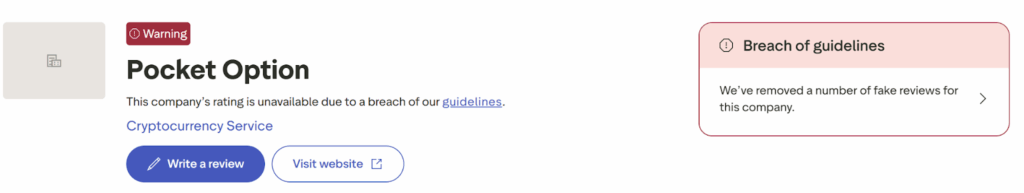 Trustpilot warning about Pocket Option