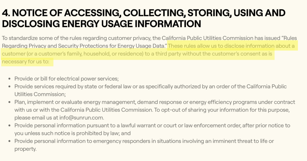Sunrun privacy policy '4. Notice of accessing, collecting, storing, using and disclosing energy usage information' section 