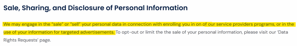 Turbo Debt privacy policy "Sale, Sharing, and Disclosure of Personal Information" section 