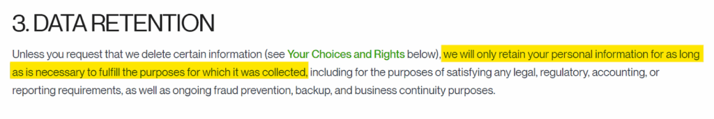Upwork privacy policy 'Data retention' section 
