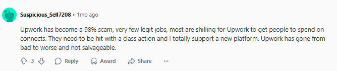 Negative Reddit post about Upwork 
