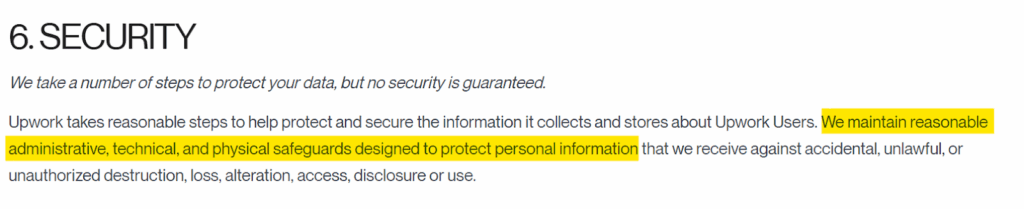 Upwork privacy policy 'Security' section 
