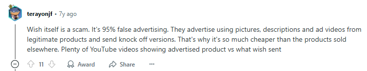 Negative Reddit post about Wish