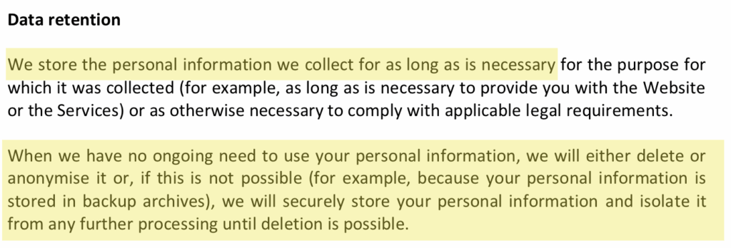 'Data retention' section in Atlas Earth privacy policy