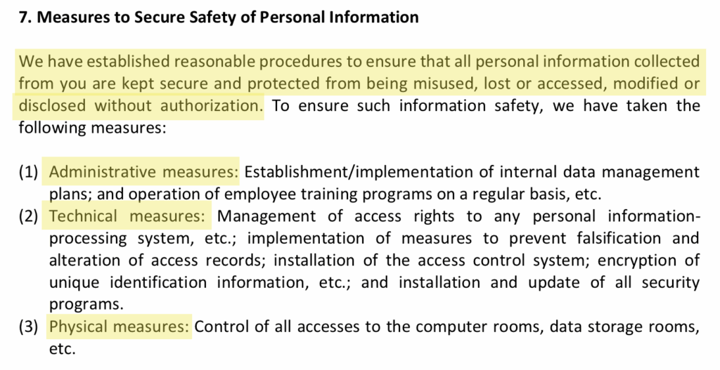 'Measures to Secure Safety of Personal Information' section in Atlas Earth privacy policy
