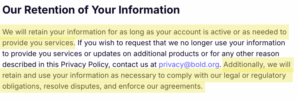'Our Retention of Your Information' section in Bold.org privacy policy 