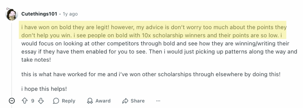 Reddit user saying they won on Bold.org 